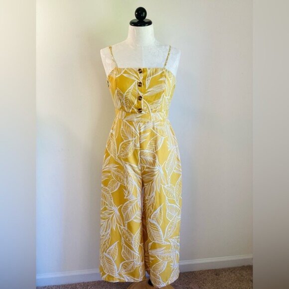 Yellow & White Tropical Open-Back Jumpsuit By FAVLUX Size M - Picture 2 of 6